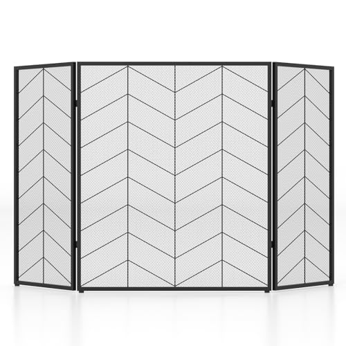 GIANTEX Kaminschirm, 3 Paneele, Kamin-Feuerschutz, 132 x 79 cm, Funkenschutzgitter für Funken- und Asche-Isolierung, Schutzgitter für Ofen (Streifen, 132 x 79 cm) von GIANTEX