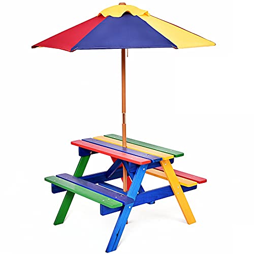 GIANTEX Kindersitzgruppe mit Sonnenschirm, Kinder Sitzgarnitur Gartengarnitur 1 Tisch & 2 Bänke, Kindermöbel Gartenmöbel Set bunt, Picknick Set aus massivem Holz, Sitzgruppe für Garten Balkon Camping von GIANTEX