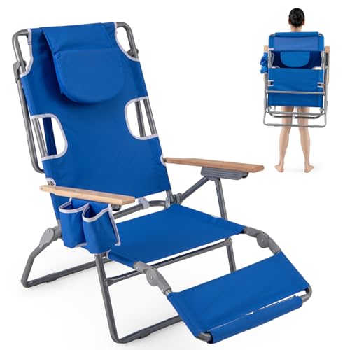 GIANTEX Klappbare Sonnenliege, Liegestuhl mit Gesichtsausschnitt, verstellbare Fußstütze & Rückenlehne & Tragetasche, Strandstuhl für Camping, Picknick & Pool, Belastbarkeit 150 kg (Blau) von GIANTEX