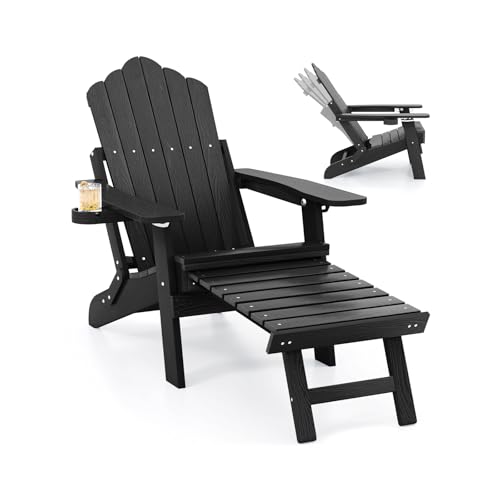 GIANTEX Klappbarer Adirondack-Stuhl mit Fußstütze, wetterfester Feuerstellenstuhl mit Verstellbarer Rückenlehne & Getränkehalter, Liegestuhl für den Außenbereich, belastbar bis 180 kg von GIANTEX