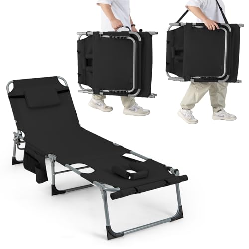 GIANTEX Klappbarer Bräunungsstuhl mit Gesichts- & Armlöchern, 5-Fach Verstellbarer Liegestuhl für den Außenbereich mit Kissen & Seitentasche, robuste Campingliege mit Schultergurt & Griff (Schwarz) von GIANTEX
