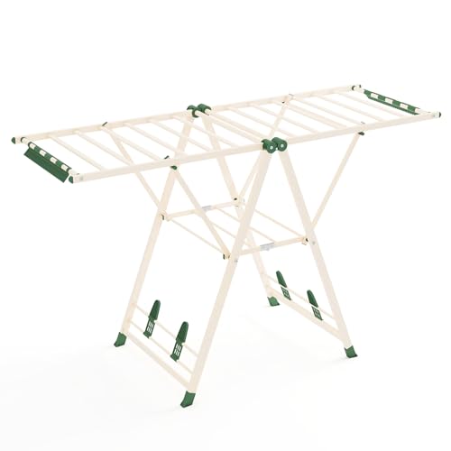 GIANTEX Klappbarer Wäscheständer, höhenverstellbarer Kleiderständer mit Flügeln, 16 Trockenstäbe & Klammern für Socken, Trockenständer mit Regal für Innen- & Außenbereich (Beige,163 cm) von GIANTEX