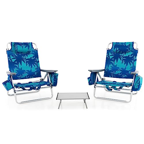 GIANTEX Klappstuhl Strandstuhl mit Tisch Set, klappbarer Gartenstuhl Campingstuhl Liegestuhl mit Verstellbarer Rückenlehne, Hochlehner mit Kopfstütze, Balkonstuhl Terrassenstuhl (Dunkelblau) von GIANTEX