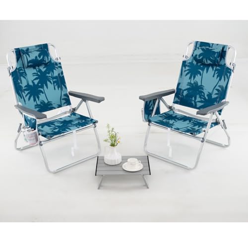 GIANTEX Klappstuhl Strandstuhl mit Tisch Set, klappbarer Gartenstuhl Campingstuhl Liegestuhl mit Verstellbarer Rückenlehne, Hochlehner mit Kopfstütze, Balkonstuhl Terrassenstuhl (Modell 2-Blau) von GIANTEX