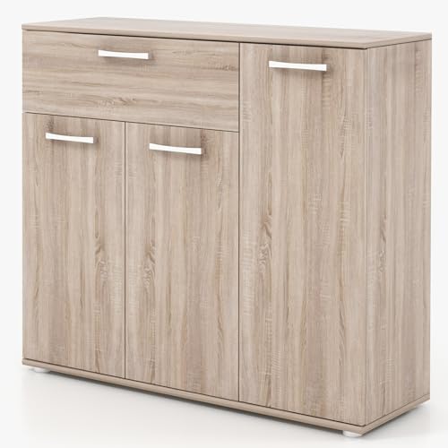 GIANTEX Kommode Sideboard mit Schublade & 3 Türen, Aufbewahrungsschrank Beistellschrank mit 2 verstellbaren Regalen, freistehender Bodenschrank Holz, moderner Wohnzimmerschrank 90x29x82 cm (Natur) von GIANTEX