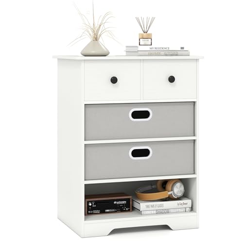 GIANTEX Kommode mit 4 Schubladen & Offenem Fach, Sideboard Wohnzimmer Weiß, Schubladenschrank Kommodenschrank aus Holz & Stoff, Nachttisch Nachtkommode Nachtkonsole, Aufbewahrungskommode 58x42x75 cm von GIANTEX