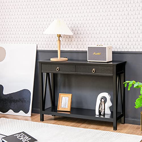 GIANTEX Konsolentisch Flurtisch schmal, Beistelltisch Eingangstisch mit Schublade & offener Ablage, schmaler Dielentisch mit Kiefernholzbeinen, Dekotisch Sideboard Vintage 106,5x35,5x78,5 cm, Schwarz von GIANTEX