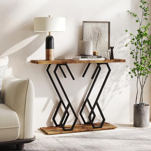 GIANTEX Konsolentisch Schmal Rustikal, Flurtisch Eingangstisch Metallrahmen in Schmetterlingsform, schmaler Beistelltisch Couchtisch Sofatisch 2 Ablagen, Langer Sideboard Tisch Anrichte, 100x30x79 cm von GIANTEX