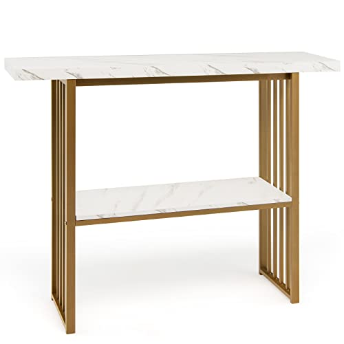 GIANTEX Konsolentisch Schmal, Flurtisch Eingangstisch mit Marmorplatte, schmaler Beistelltisch 2 Ebenen, Couchtisch Sofatisch Marmoroptik aus Holz, Langer Sideboard (Marmor Weiß + Gold) von GIANTEX