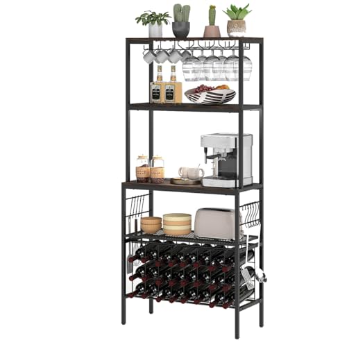 GIANTEX Küchenregal mit Steckdose, Weinregal Weinflaschenregal für 24 Flaschen, Mikrowellenregal mit Arbeitsplatte & Geläserhalter & 10 Haken, Standregal Industrial für Küche Esszimmer, 75x33x165 cm von GIANTEX