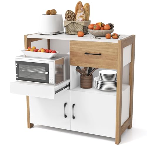 GIANTEX Küchenschrank, Sideboard Anrichte Kommode, Buffetschrank Küche mit 2 Türen & Schublade, Buffet Aufbewahrungsschrank modern aus Holz, Beistellschrank freistehend 82 x 40 x 81 cm, Natur + Weiß von GIANTEX