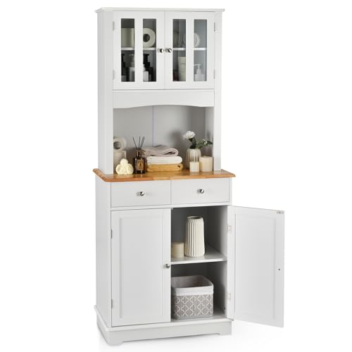 GIANTEX Küchenschrank, freistehender Aufbewahrungsschrank mit Anrichte und 2 Schubladen, verstellbare Einlegeböden, großer Platz für Mikrowelle, Platte aus Gummiholz, ideal für Wohnzimmer von GIANTEX