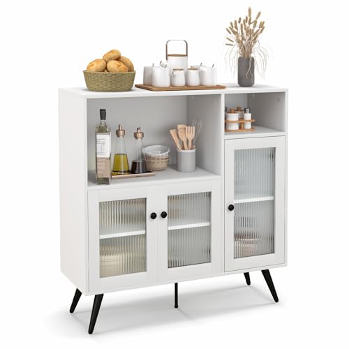 GIANTEX Küchenschrank Buffetschrank mit Glastüren, Küchenbuffet Sideboard mit verstellbaren Regalen, Aufbewahrungsschrank Kommode Holz mit 5 Metallbeinen, Staufschrank 100x40x100 cm (Weiß) von GIANTEX