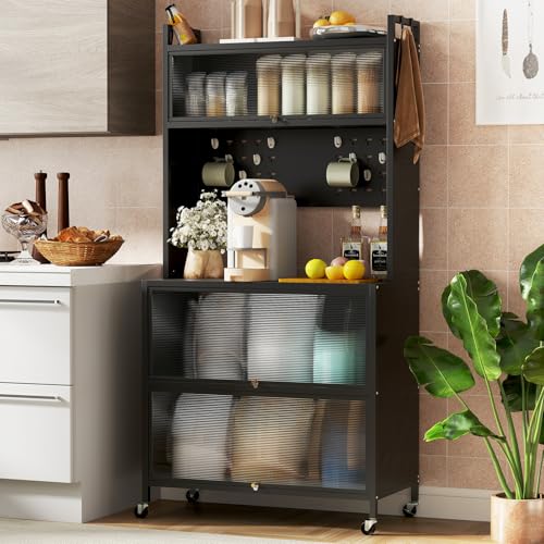 GIANTEX Küchenschrank Küchenregal 5-stufig mit Arbeitsplatte, Mikrowellenschrank mit Rollen, Küchenbuffet Buffetschrank mit Stecktafel & 4 Haken, Standregal Sideboard mit Klapptüren sichtbar von GIANTEX