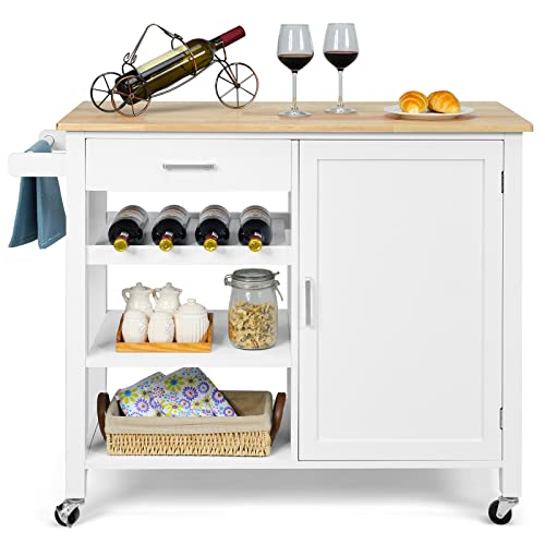GIANTEX Küchenwagen auf Rollen, Küchenschrank mit Arbeitsplatte, bewegliche Kücheninsel, Servierwagen Rollwagen Holz, Küchenrollwagen Küchenregal mit Handtuchhalter & Weinregal & Lagerschrank (weiß) von GIANTEX