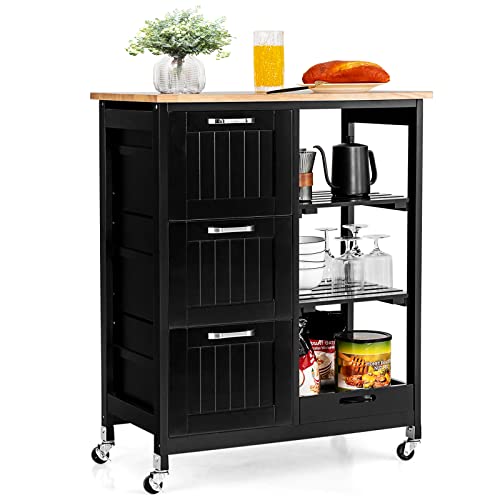 GIANTEX Küchenwagen auf Rollen, Küchenschrank mit Arbeitsplatte, bewegliche Kücheninsel Holz, Servierwagen Rollwagen Holz, Küchenrollwagen mit Schublade, Küchentrolley 67x37x83,5 cm (Schwarz) von GIANTEX