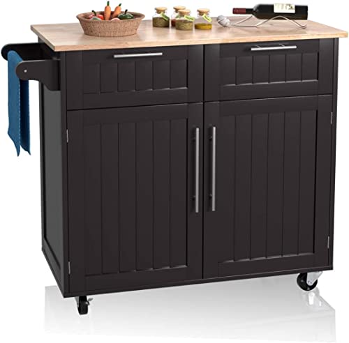 GIANTEX Küchenwagen mit Arbeitsplatte, Küchenschrank auf Rollen, Servierwagen Holz mit Handtuchhalter, bewegliche Kücheninsel, Küchen Rollwagen mit 2 Schubladen, Küchentrolley Gemüsewagen (Kaffee) von GIANTEX