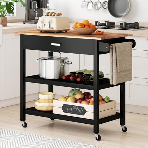 GIANTEX Küchenwagen mit Arbeitsplatte, Küchenschrank mit Rollen, Servierwagen mit Schublade & 2 offenen Ablagen, Rollwagen Küche mit Handtuchhalter, Mobile Kücheninsel, Küchentrolley Holz 106x50x89cm GIANTEX Küchenwagen mit Arbeitsplatte, Küchenschrank mit Rollen, Servierwagen mit Schublade & 2 offenen Ablagen, Rollwagen Küche mit Handtuchhalter, Mobile Kücheninsel, Küchentrolley Holz 106x50x89cm von GIANTEX