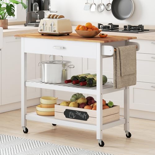 GIANTEX Küchenwagen mit Arbeitsplatte, Küchenschrank mit Rollen, Servierwagen mit Schublade & 2 offenen Ablagen, Rollwagen Küche mit Handtuchhalter, Mobile Kücheninsel, Küchentrolley Holz 106x50x89cm von GIANTEX