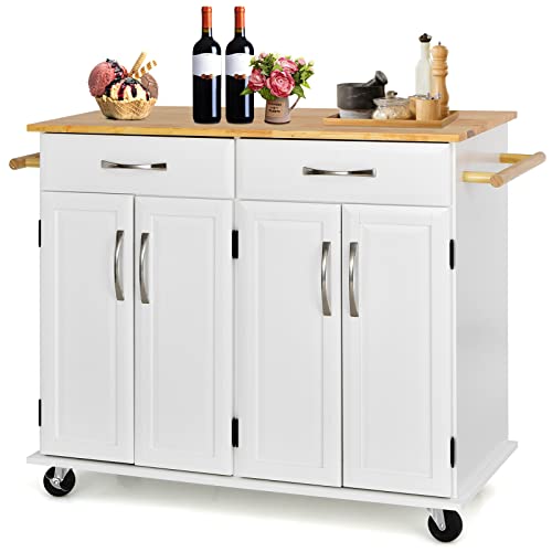 GIANTEX Küchenwagen mit Arbeitsplatte, Servierwagen mit Rollen, Küchenschrank mit 2 Schubladen & 2 Handtuchhaltern & 4 Türen, Kücheninsel mit verstellbaren Regalen, Küchentrolley Holz 122x48x92,5 cm von GIANTEX