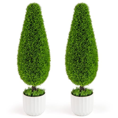 GIANTEX Künstliche Pflanzen 2er Set Zedernbaum 90 cm im Topf Kunstpflanzen mit PE-Blättern Wie Echt Kunstbaum Zimmerpflanze Metallstamm Deko Dekopflanze künstlich Formschnittpflanze für Zuhause von GIANTEX