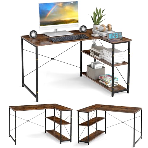 GIANTEX L-förmiger Computertisch, 118 x 86 x 74 cm, Schreibtisch mit umkehrbaren Ablagefächern & verstellbarem Regal, Eckschreibtisch für Büro & Zuhause (Braun) von GIANTEX
