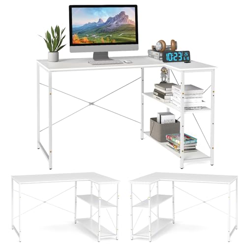 GIANTEX L-förmiger Computertisch, 118 x 86 x 74 cm, Schreibtisch mit umkehrbaren Ablagefächern & verstellbarem Regal, Eckschreibtisch für Büro & Zuhause (Weiß) von GIANTEX