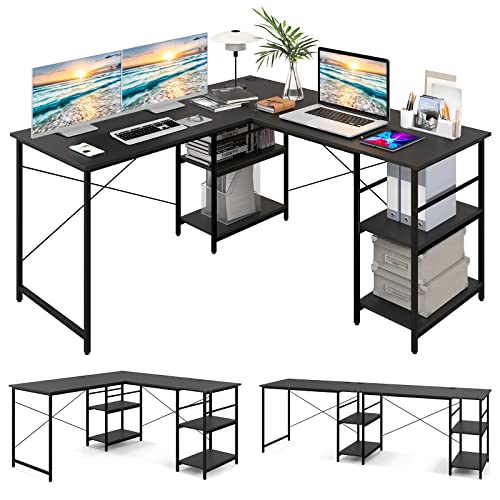 GIANTEX L-förmiger Eckschreibtisch, umwandelbarer Computertisch mit 4 Ablagen und 3 Kabellöchern, 2 Personen Spieltisch und Schreibtisch für Home Office (schwarz), FE43795 von GIANTEX