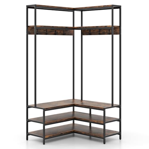 GIANTEX L-förmiger Kleiderständer, Garderobenständer mit Sitzbank, Ablage & Haken, 90 x 90 x 178 cm, Industrie-Design Garderobe für Ecke (Braun) von GIANTEX