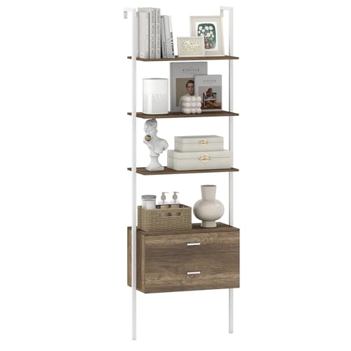 GIANTEX Leiterregal mit 4 offenen Ablagen & 2 Schubladen, 184 cm Bücherregal platzsparend, Standregal für Wohnzimmer, Arbeitszimmer & Büro, 60 x 30 x 184 cm (Weiß) von GIANTEX