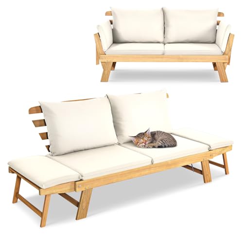 GIANTEX Liegesofa mit klappbaren Seitenlehnen, Gartenbank Sitzbank mit Auflagen, Sonnenliege Gartenliege aus Akazienholz, Multifunktionsbank Balkonbank Parkbank Gartenmöbel (Beige+Natur) von GIANTEX