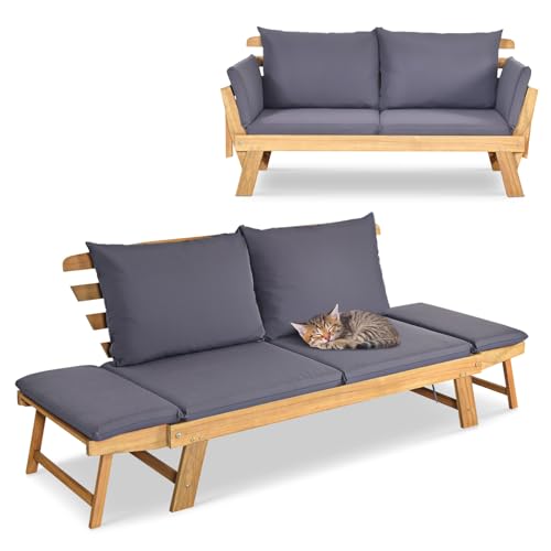 GIANTEX Liegesofa mit klappbaren Seitenlehnen, Gartenbank Sitzbank mit Auflagen, Sonnenliege Gartenliege aus Akazienholz, Multifunktionsbank Balkonbank Parkbank Gartenmöbel 198 x 75 x 75 cm von GIANTEX