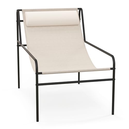 GIANTEX Liegestuhl Gartenliege Sonnenliege Modern mit abnehmbarer Kopfstütze Stabiler Metallrahmen Relaxsessel für Veranda Balkon Terrasse Garten Belastbarkeit 160 kg Beige von GIANTEX