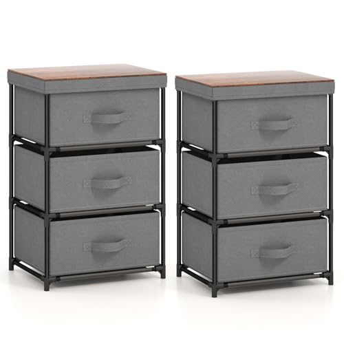 GIANTEX Nachttisch 2er Set, Kleine Kommode Nachtkommode mit Schubladen, Schubladenschrank Nachtschrank aus Stoff & Metallrahmen, Kleiner Schrank Beistellschrank 3 Etagen mit Tablett (Grau) von GIANTEX