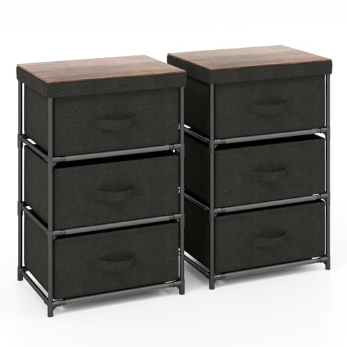 GIANTEX Nachttisch 2er Set, Kleine Kommode Nachtkommode mit Schubladen, Schubladenschrank Nachtschrank aus Stoff & Metallrahmen, Kleiner Schrank Beistellschrank 3 Etagen mit Tablett (Schwarz) von GIANTEX