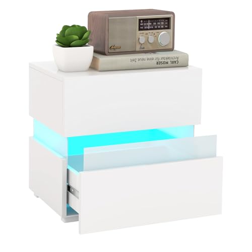 GIANTEX Nachttisch mit LED-Beleuchtung, 22 dynamischen Modi & 5 Helligkeitsstufen & Fernbedienung, Nachtschrank Weiß Hochglanz, Nachtkommode Nachtkonsole 2 Schubladen, Beistelltisch 45x35x45cm von GIANTEX