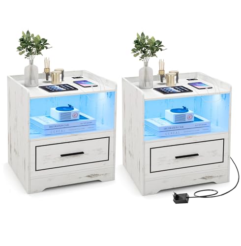 GIANTEX Nachttisch mit LED Licht 3 Farben Beleuchtung, Beistelltisch 2er Set Sofatisch Kaffeetisch mit Bewegungssensor, Nachtschrank mit USB-Anschluss & Typ-C-Ladestation, Nachtkommode Nachtkonsole von GIANTEX