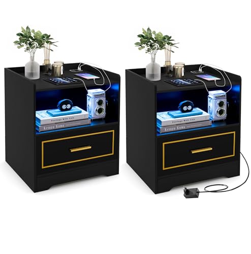GIANTEX Nachttisch mit LED Licht 3 Farben Beleuchtung, Beistelltisch 2er Set Sofatisch Kaffeetisch mit Bewegungssensor, Nachtschrank mit USB-Anschluss & Typ-C-Ladestation, Nachtkommode Nachtkonsole von GIANTEX