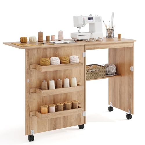 GIANTEX Nähtisch klappbar, Nähmaschinentisch auf Rollen, Nähtisch für Nähmaschine, Nähschrank Holz, Mehrzwecktisch für Wohnzimmer Arbeitszimmer Schlafzimmer (walnuss) von GIANTEX