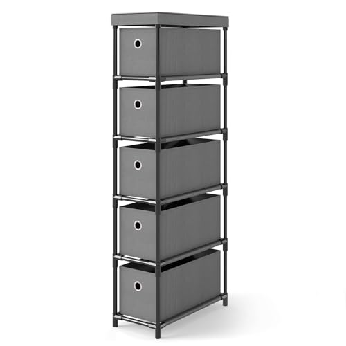 GIANTEX Nischenregal 19 cm breit mit 5 Stoff-Schubladen, Nischenschrank schmaler Kommode, Schubladenturm Aufbewahrungsturm mit Metallrahmen & Holzplatte, Regalsystem Schubladenbox 19x40x100 cm (Grau) von GIANTEX