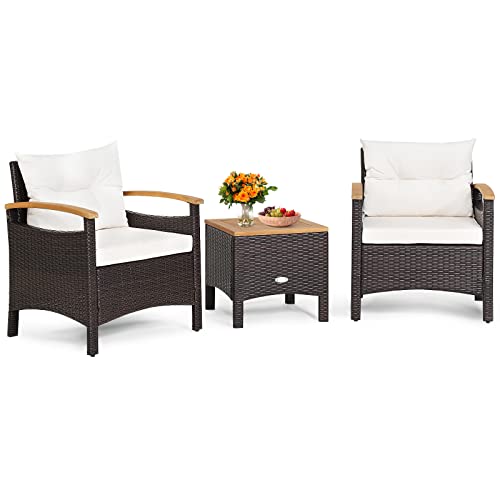 GIANTEX Rattan Balkonmöbel Set 2 Personen, 3 TLG. Rattan Gartensitzgruppe Lounge Set mit Kissen cremeweiß, Gartenmöbel Set 2 Sessel mit Tisch, Gartengarnitur Sitzgruppe Gartenlounge Set von GIANTEX