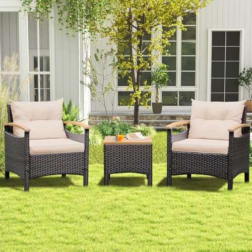 GIANTEX Rattan Balkonmöbel Set 2 Personen, 3 TLG. Rattan Gartensitzgruppe Lounge Set mit Kissen Khaki, Gartenmöbel Set 2 Sessel mit Tisch, Gartengarnitur Sitzgruppe Gartenlounge Set von GIANTEX