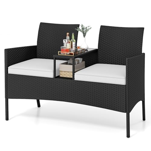 GIANTEX Rattan Gartenbank 2 Sitzer mit Tisch, Sitzbank Outdoor mit Auflage, Balkonbank für 2 Personen, Terrassenbank Parkbank wetterfest, Balkonmöbel Bank 360 kg tragbar, Gartenmöbel 124 x 62 x 84 cm von GIANTEX
