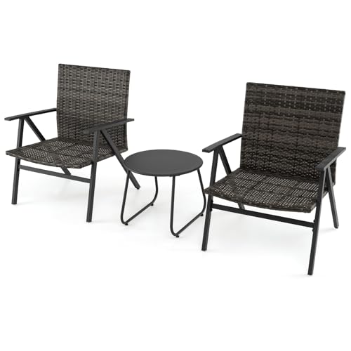 GIANTEX Rattan Gartenmöbel Set, 3 TLG. Balkonmöbel 2 Stühle mit Tisch, Terrassenmöbel Outdoor Sitzgruppe, Balkon Möbel für 2 Personen, Garten Möbelsets Gartengarnitur, Balkonmöbel Kleiner Balkon von GIANTEX