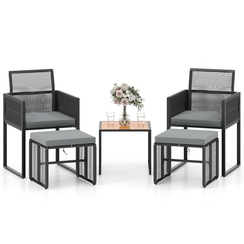 GIANTEX Rattan Gartenmöbel Set, Balkonmöbel Kleiner Balkon, Balkonmöbel Set 2 Stühle mit Hocker, Terrassenmöbel Outdoor Sitzgruppe, Balkonset 4 Personen, Balkon Möbel klein Platzsparend, inkl. Kissen von GIANTEX