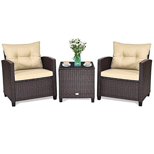 GIANTEX Rattan Gartenmöbel Set, Balkonmöbel Kleiner Balkon, Lounge Gartenmöbel Set, Balkon Möbel für 2 Personen, Gartenlounge Set 2 Sessel & Tisch, 3 tlg. Gartensitzgruppe inkl. Sitz- und Rückenkissen von GIANTEX