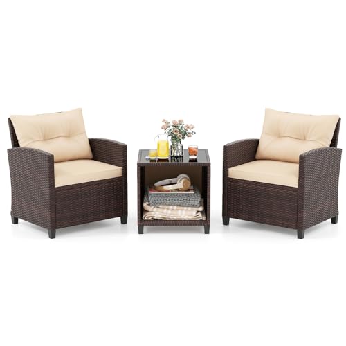 GIANTEX Rattan Gartenmöbel Set, Balkonmöbel Kleiner Balkon, Lounge Möbel Outdoor, Balkon Set 2 Personen, Balkonmöbel Set 3 teilig 2 Sessel & Tisch, Terrassenmöbel Garten Möbelsets inkl. Kissen von GIANTEX