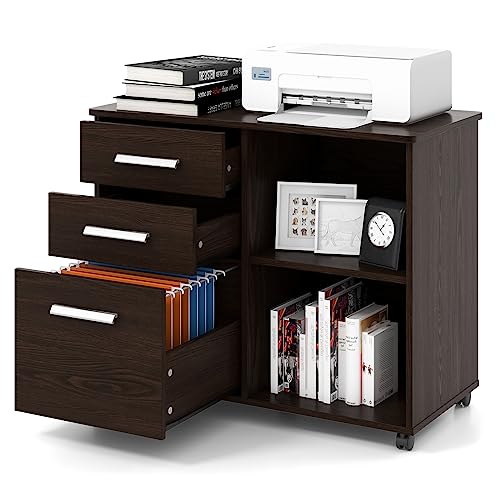 GIANTEX Rollcontainer, Aktenschrank mit 3 Schubladen & 2 offenen Fächern, Büroschrank für Drucker & Dokumenter, Aufbewahrungsschrank, abschließbarer Rollschrank für Büro und Arbeitszimmer (Kaffee) von GIANTEX