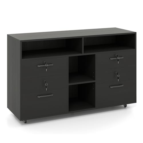 GIANTEX Rollcontainer, mobiler Aktenschrank mit 4 Schubladen, abschließbarer Büroschrank mit Rollen, Druckerständer für Büro & Home-Office, 104 x 35 x 65,5 cm (Schwarz) von GIANTEX