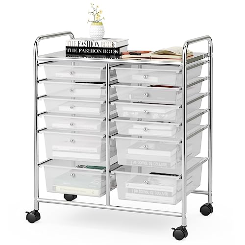 GIANTEX Rollwagen mit 12 Schubladen stapelbar, Schubladenwagen Badrollwagen Küchenwagen mit feststellbaren Rollen, Aufbewahrungswagen Haushaltswagen für Küche Bad Büro 64x38x75 cm (Transparent) von GIANTEX